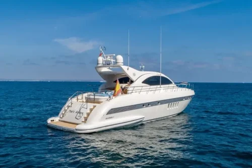 yacht anchored at a bay in Mallorca. Sunny day. Spacious boat.